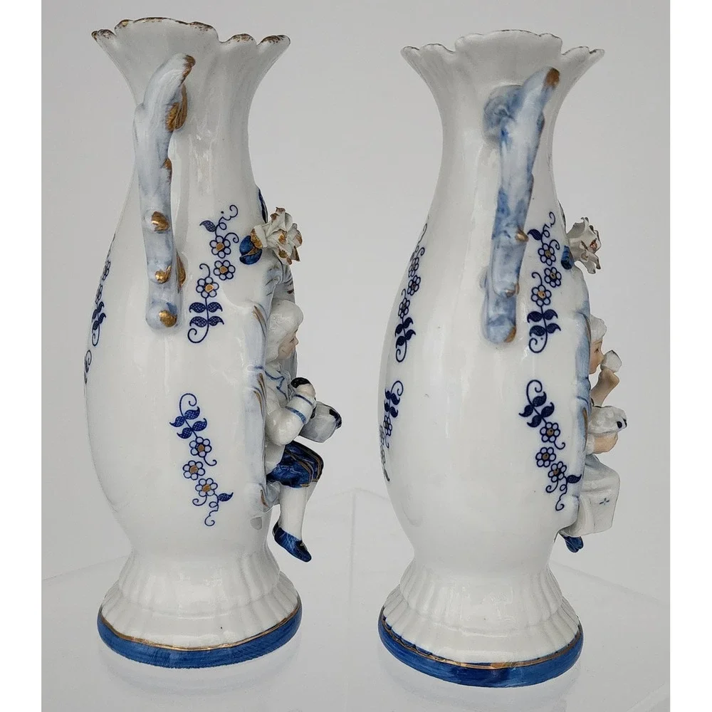 Allied Japan Porcelain Figural Vases Set of 2 Blue White Gold Victorian 3D EXC
